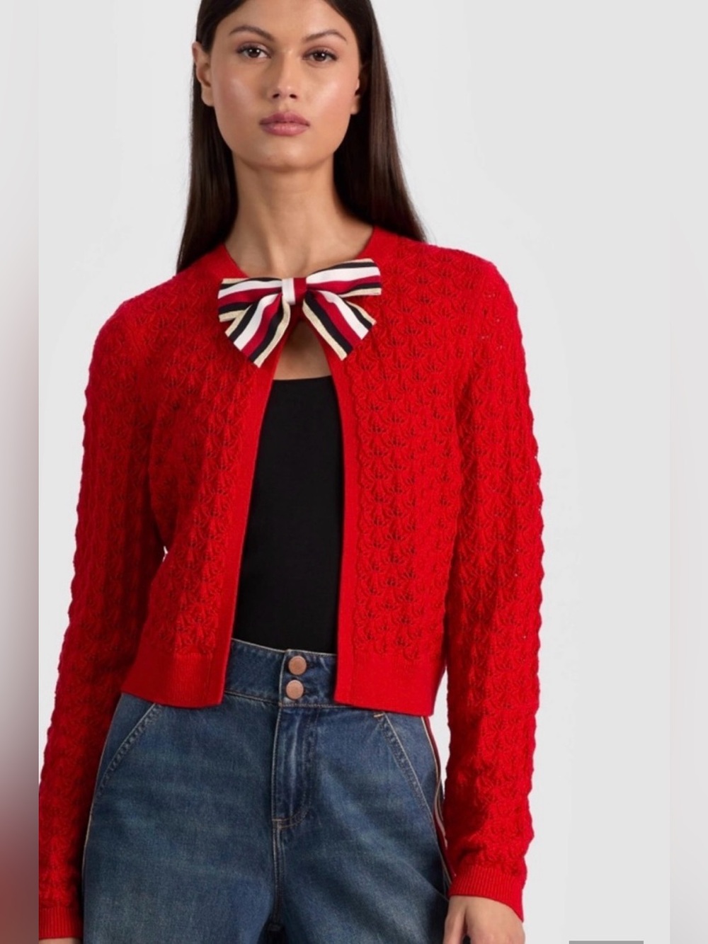 Alice + Olivia Red Textured Knit Cropped Cardigan Sweater